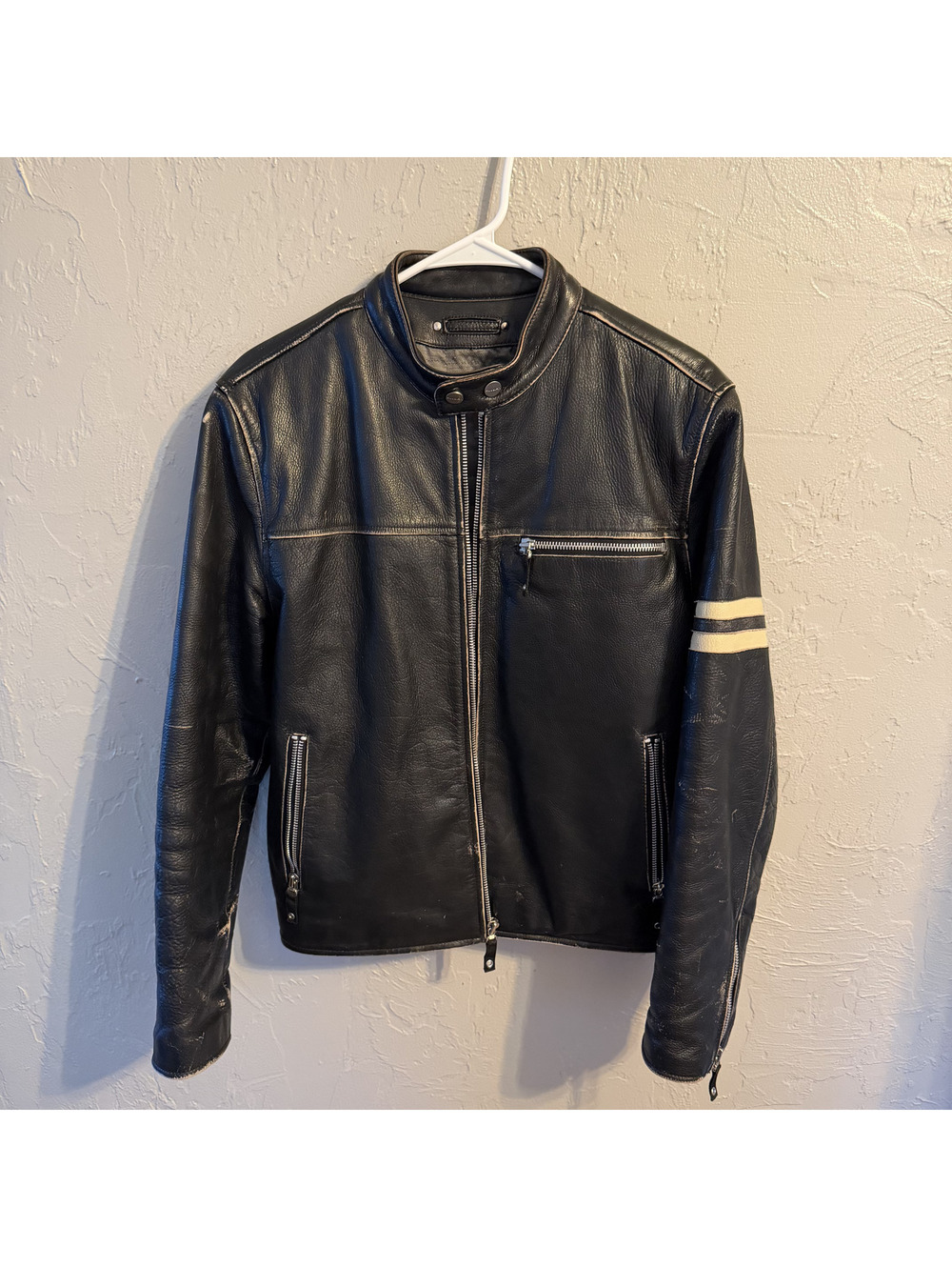 Vintage Wilsons Leather Distressed Black Jacket Racing Stripes Biker Outerwear